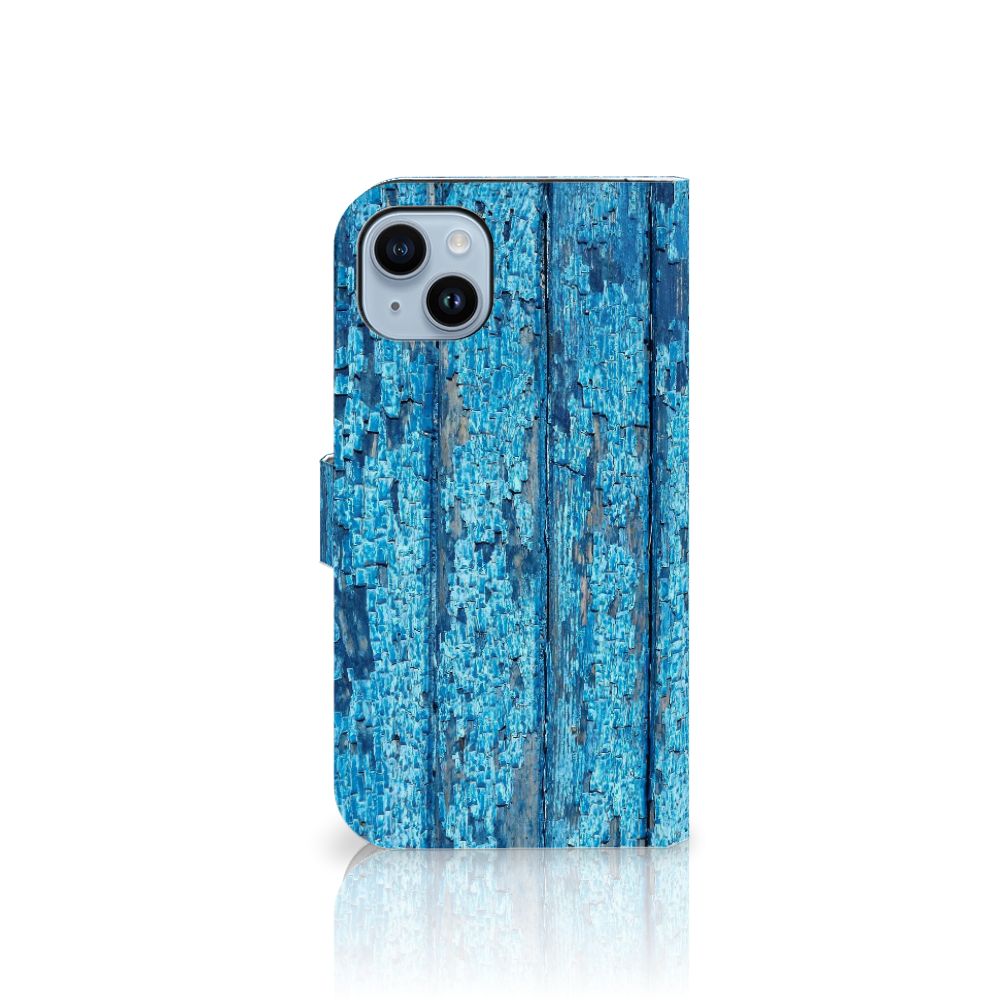iPhone 15 Plus Book Style Case Wood Blue met afgebladderd blauw houtdesign 🌊.