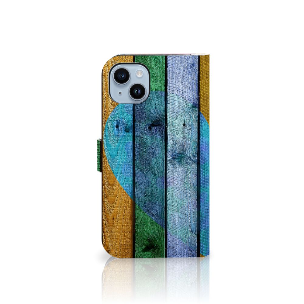 iPhone 15 Plus Book Style Case Wood Heart - Cadeau voor je Vriend met kleurrijk houten hartje
