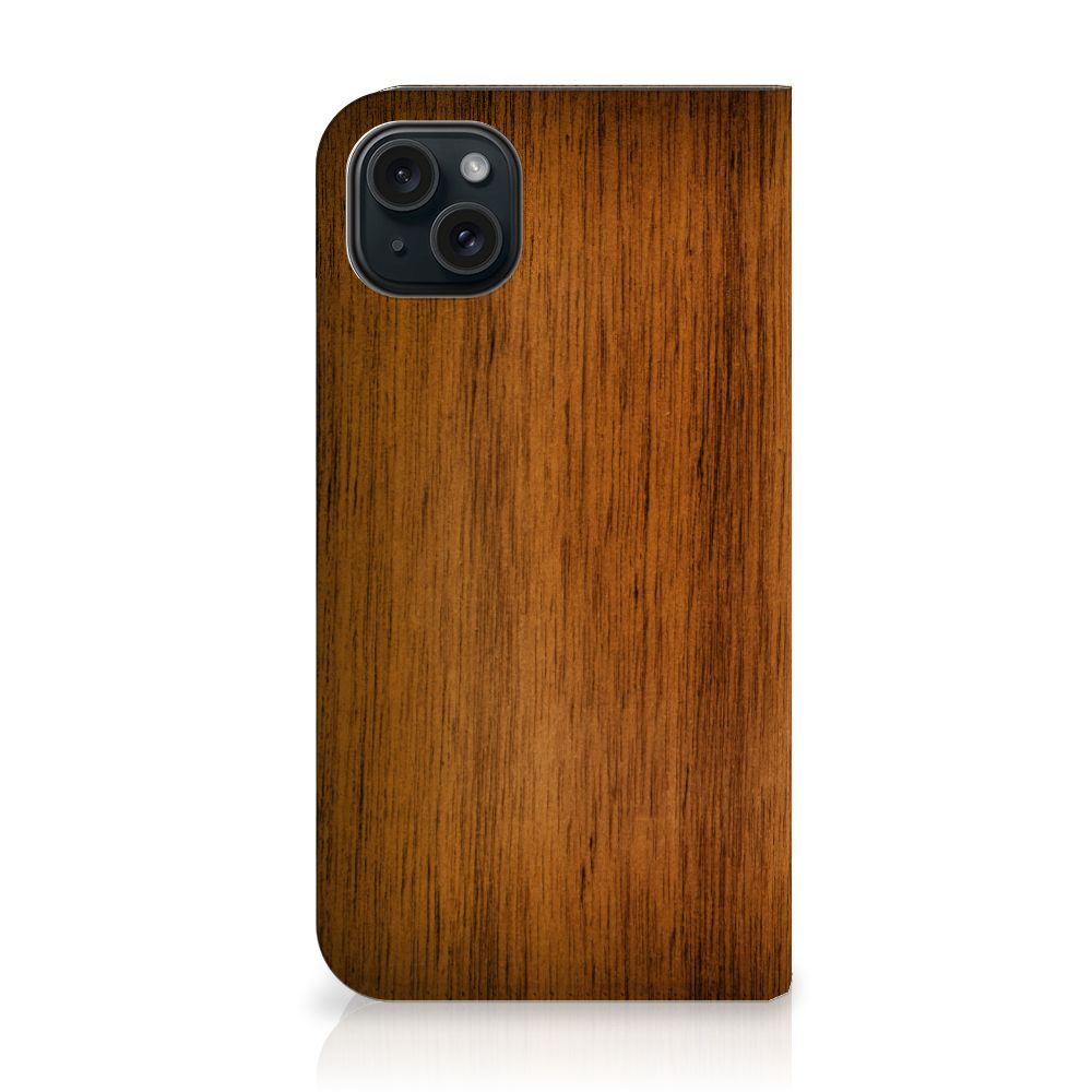 iPhone 15 Plus Book Wallet Case Donker Hout met een natuurlijke houten afwerking