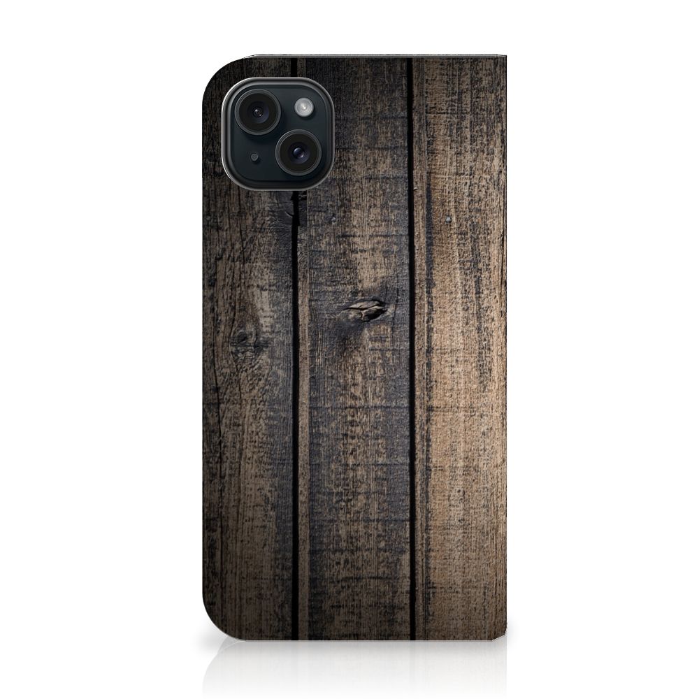 iPhone 15 Plus Book Wallet Case Steigerhout met een uniek steigerhout ontwerp.
