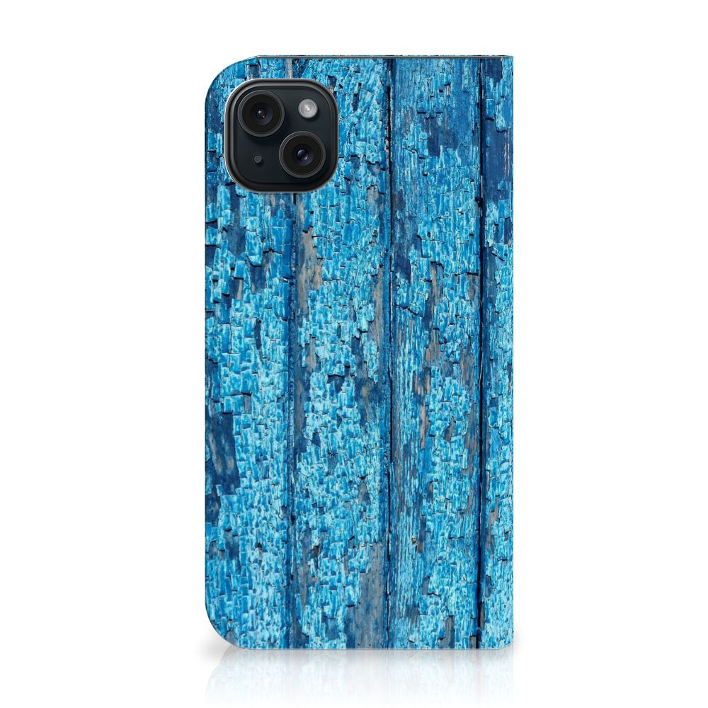 iPhone 15 Plus Book Wallet Case Wood Blue met een prachtig blauw houten design. 🌊