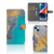 iPhone 15 Plus Bookcase Marble Blue Gold met een uniek blauw-goud marmerdesign en ruimte voor kaarten.