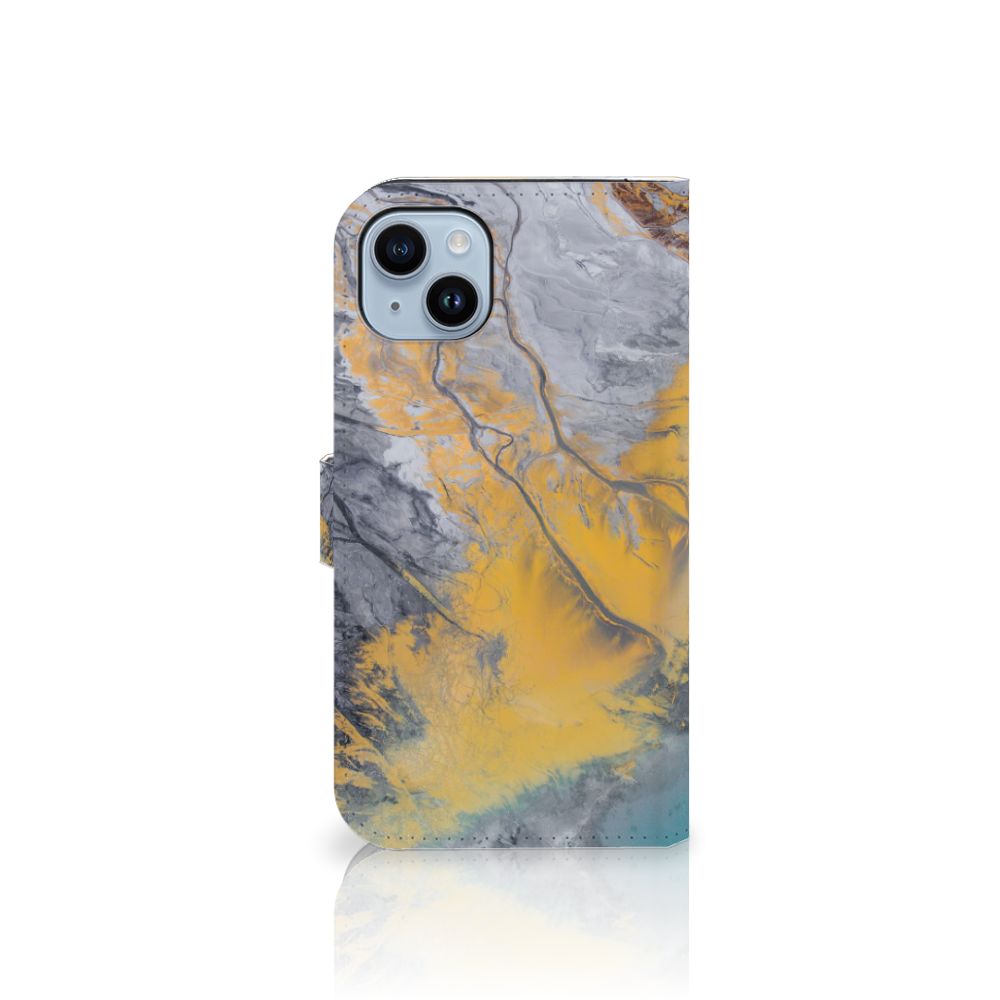 iPhone 15 Plus Bookcase Marble Blue Gold met een prachtig marmeren ontwerp in blauw en goud.