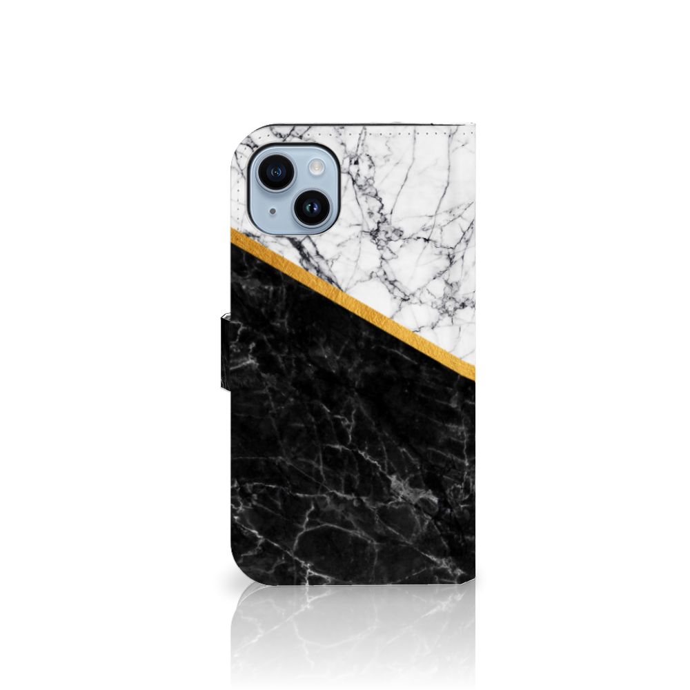 iPhone 15 Plus Bookcase Marmer Wit Zwart - Origineel Cadeau Man met zwart-wit marmer en gouden lijn.
