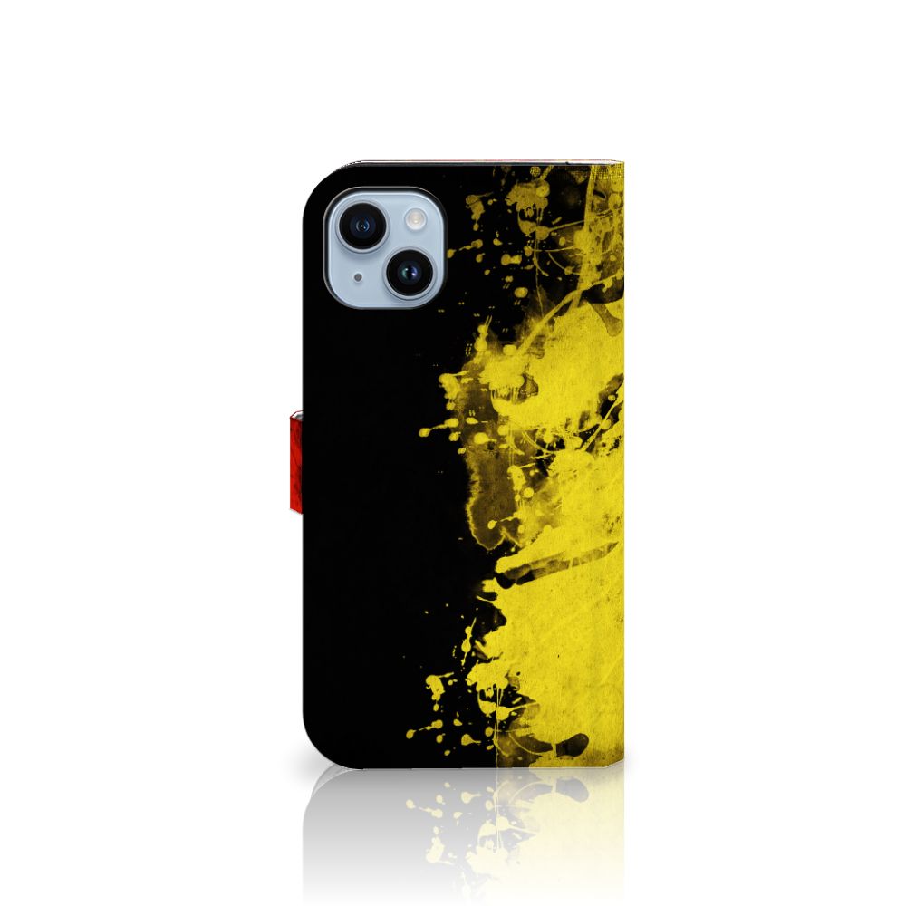 iPhone 15 Plus Bookstyle Case België met zwart-gele design en Belgische kleuren.