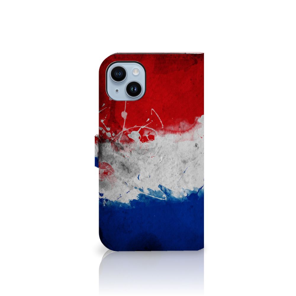 iPhone 15 Plus Bookstyle Case Nederland met artistiek ontwerp van de Nederlandse vlag