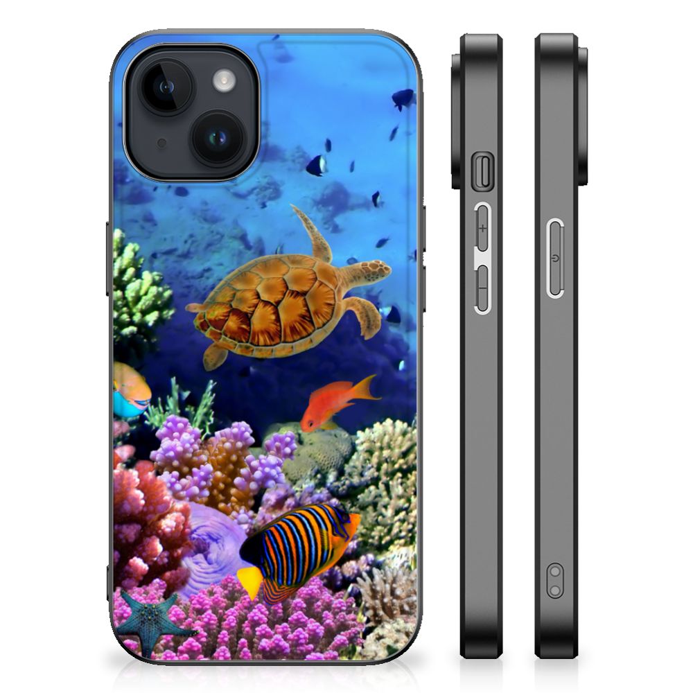Apple iPhone 15 Plus Dierenprint Telefoonhoesje Vissen zeewater schildpad kleurrijke vissen zijkant
