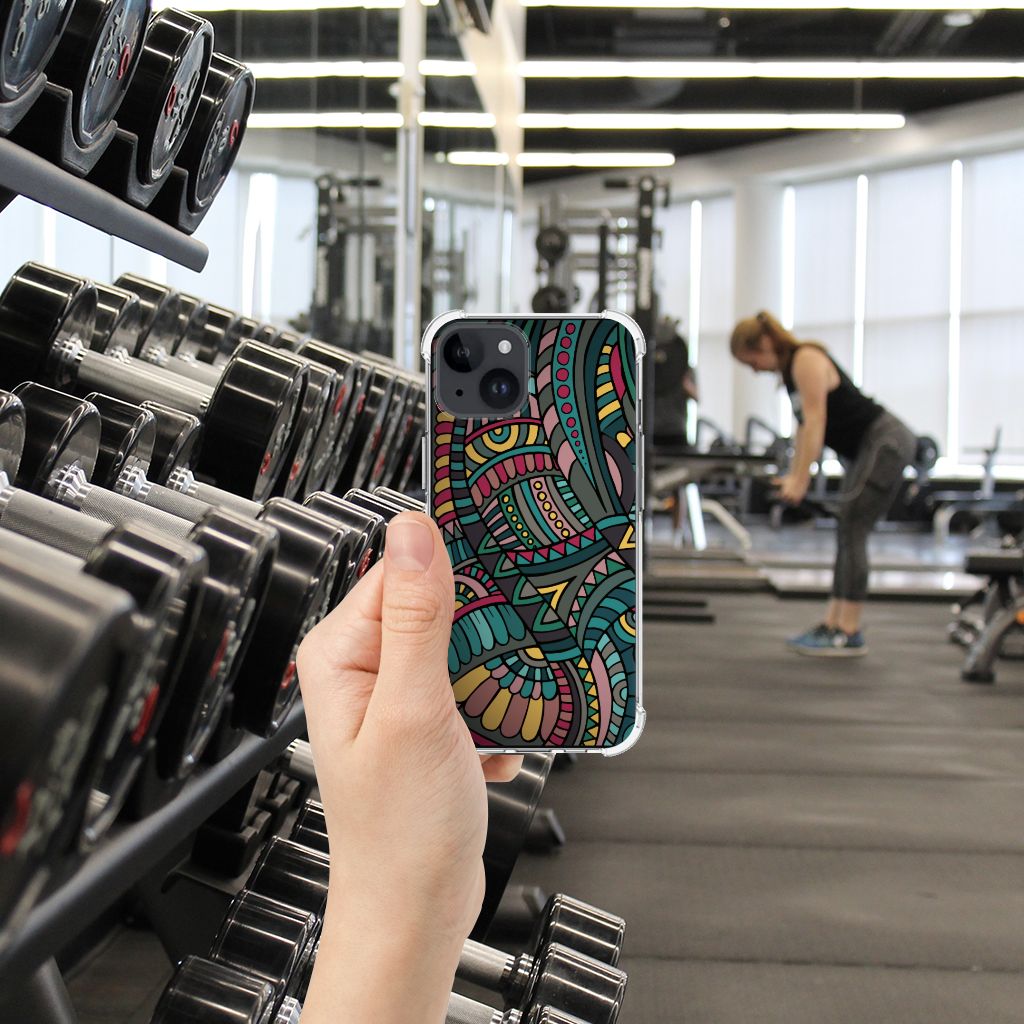 iPhone 15 Plus Doorzichtige Silicone Hoesje Aztec handgymzaal