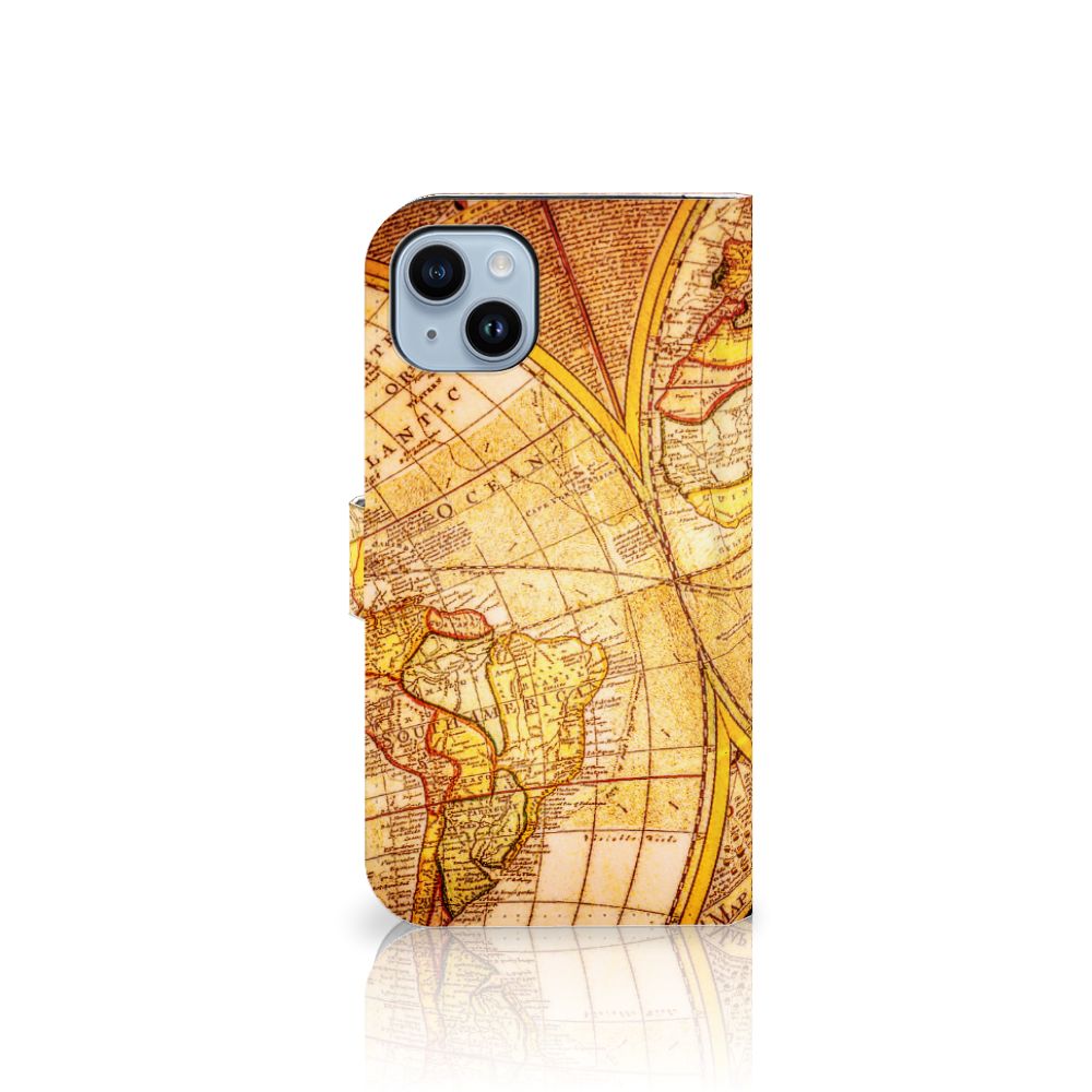 iPhone 15 Plus Flip Cover Kompas met vintage kaartdesign voor een stijlvolle uitstraling.