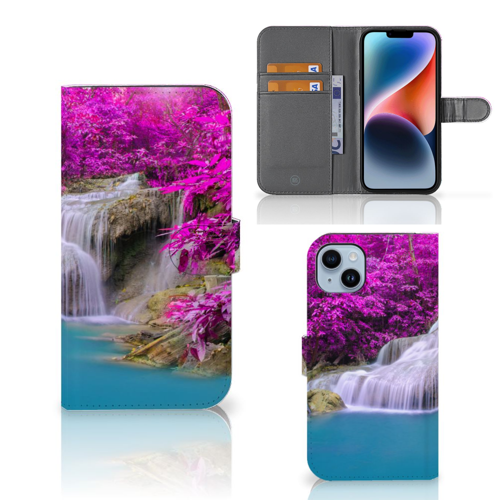 iPhone 15 Plus Flip Cover Waterval met kalme waterval en paarse bomen voor een kleurrijke uitstraling 🌊