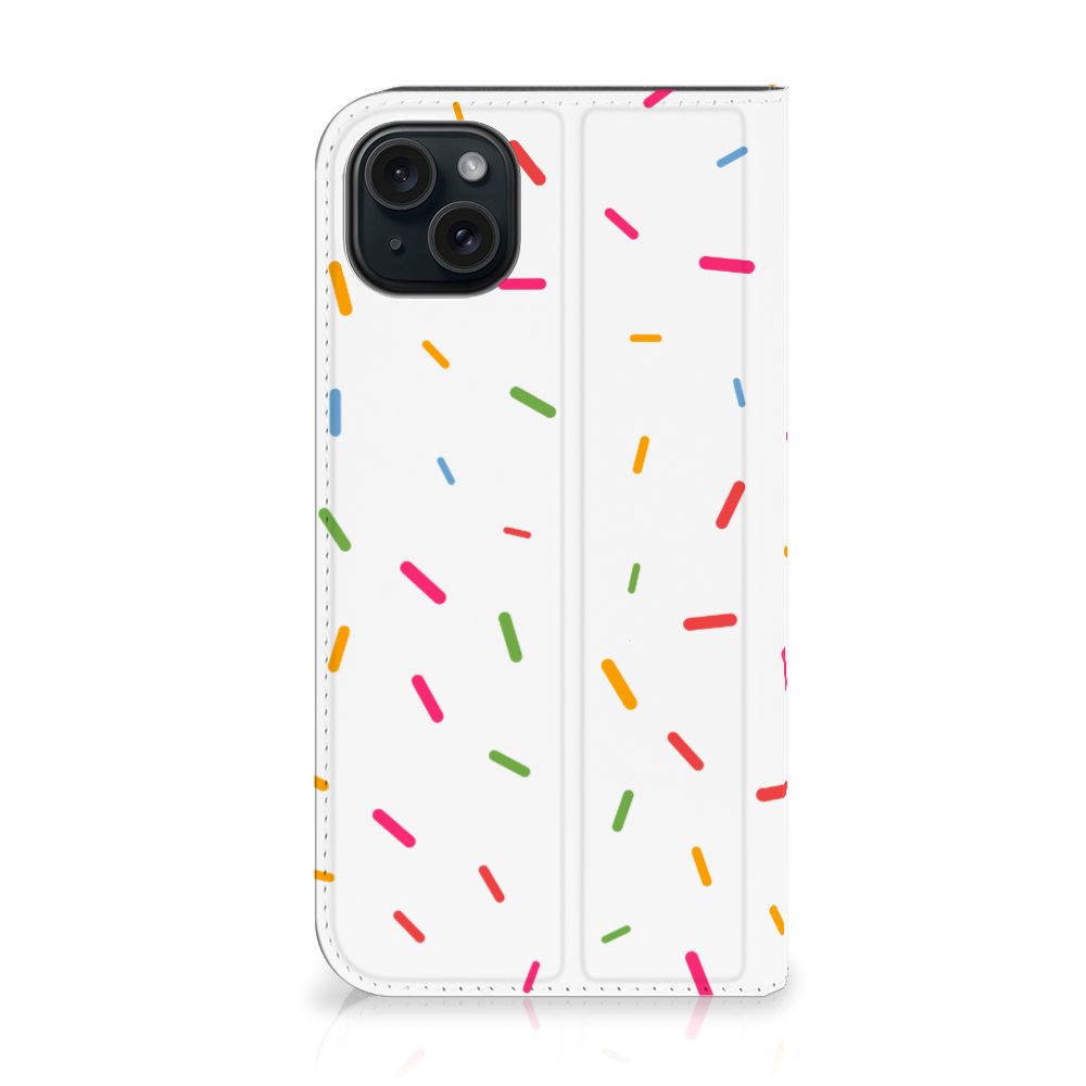 iPhone 15 Plus Flip Style Cover Donut Roze met kleurrijke sprinkles design 🍩