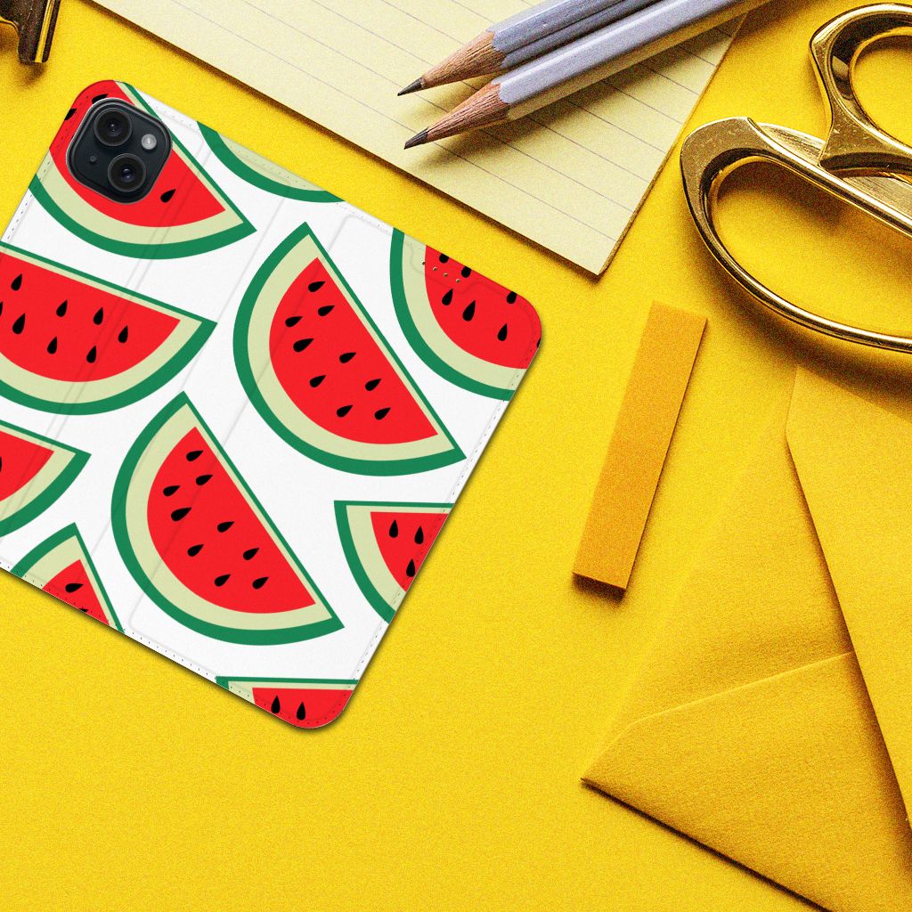 iPhone 15 Plus Flip Style Cover Watermelons design with bright watermelon slices on a vibrant yellow background.