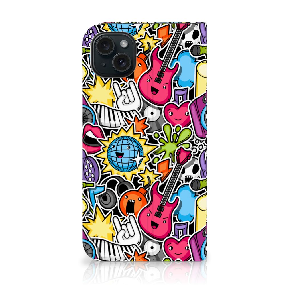 iPhone 15 Plus Hippe Standcase Punk Rock met een kleurrijk en speels design vol gitaar en muziek symbols 🎸.