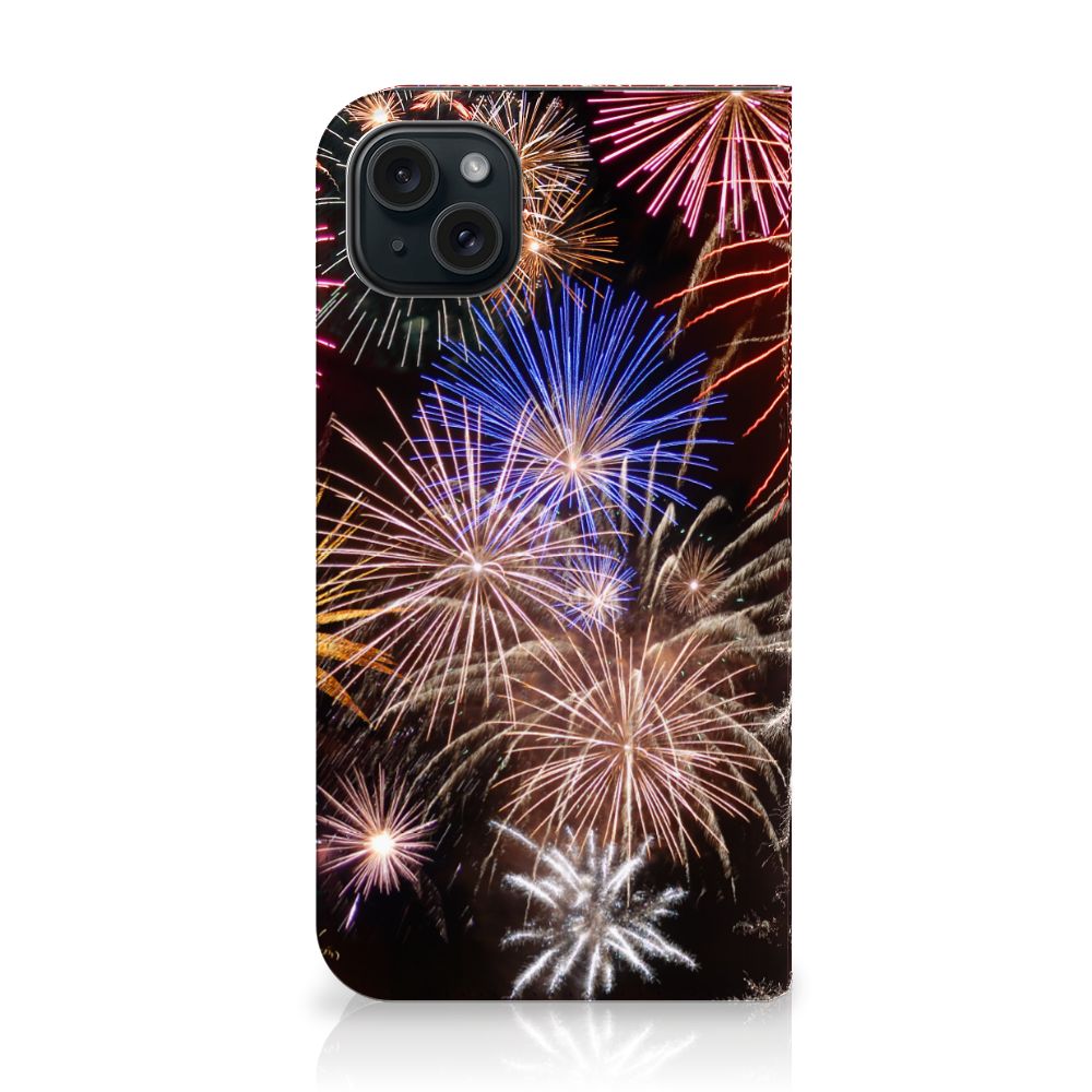 iPhone 15 Plus Hippe Standcase Vuurwerk siervuurwerk kleurrijk aanzicht