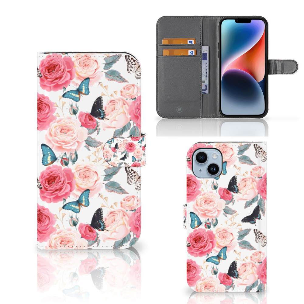 iPhone 15 Plus Hoesje Butterfly Roses boekhoesje romantisch design voorkant achterkant