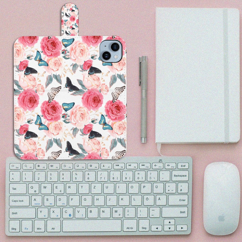 iPhone 15 Plus Hoesje Butterfly Roses voorkant design vlinders rozen