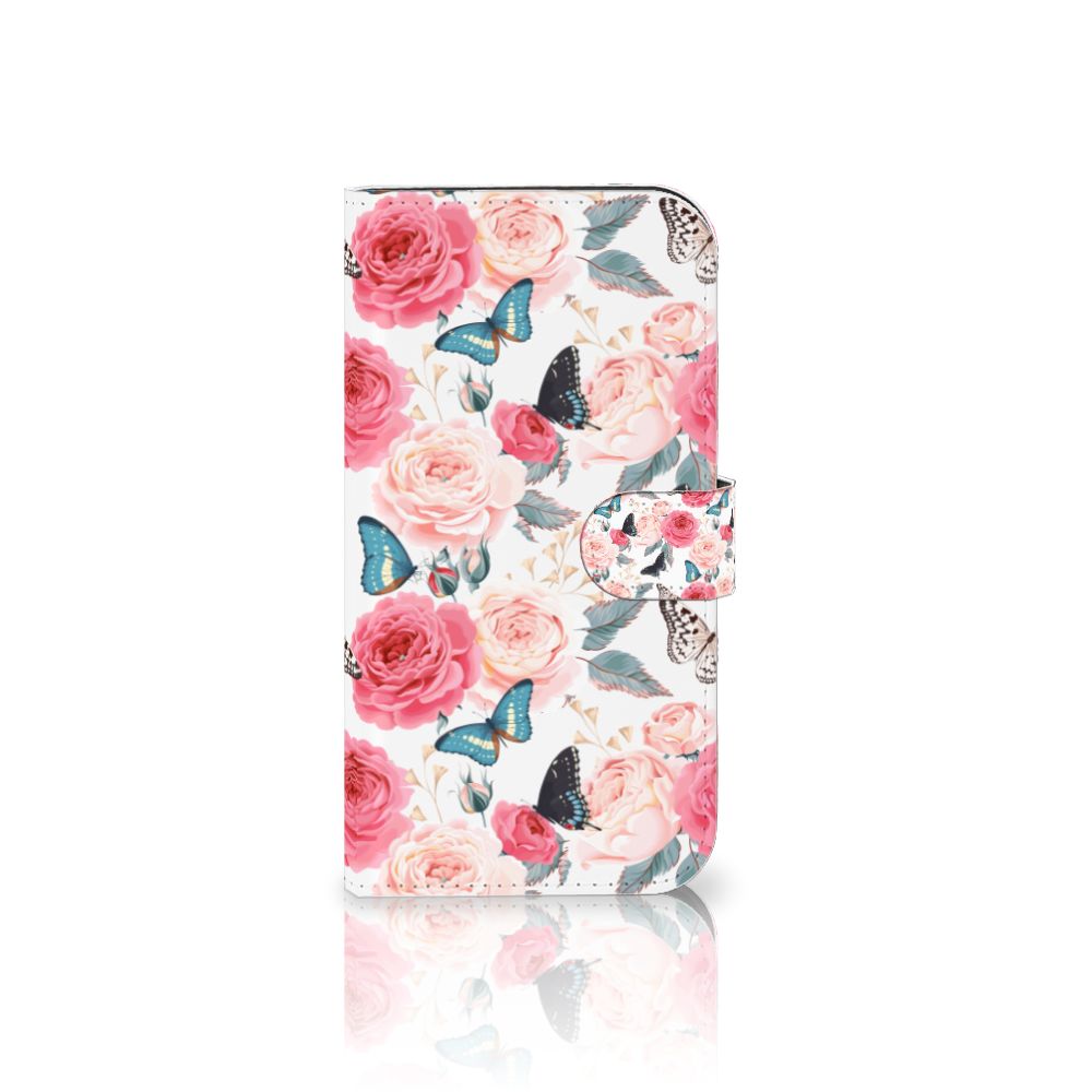 iPhone 15 Plus Hoesje Butterfly Roses bookhoesje roze rozen vlinders aanzicht