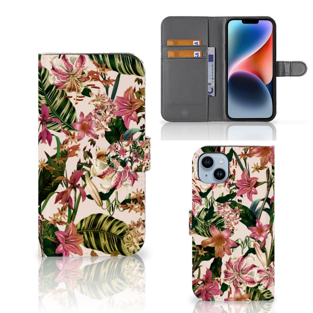 iPhone 15 Plus Hoesje Flowers met bloemen en bladeren, perfect voor pasjes en een tropisch design 🌺.