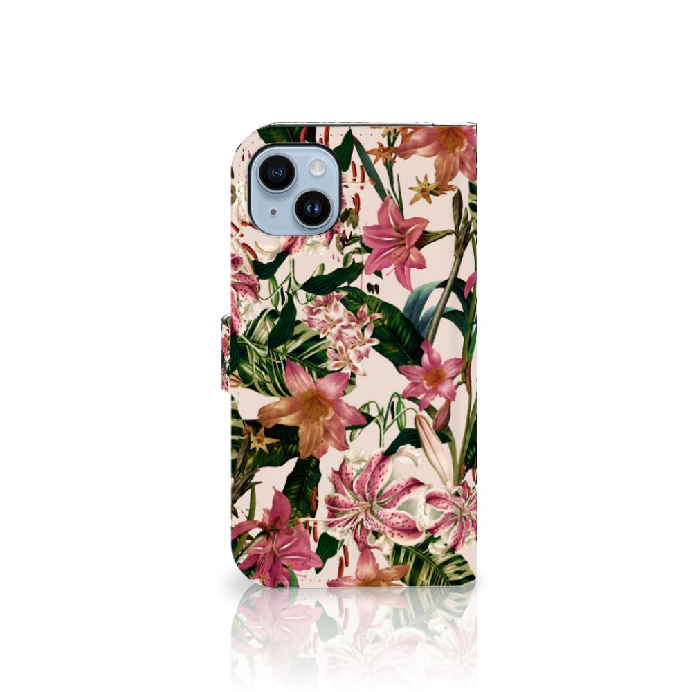 iPhone 15 Plus Hoesje Flowers met kleurrijke bloemen en bladeren voor een tropisch design 🌺.
