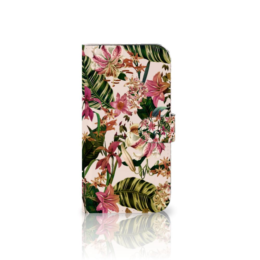 iPhone 15 Plus Hoesje Flowers met tropisch bloemen ontwerp en ruimte voor pasjes 🌺
