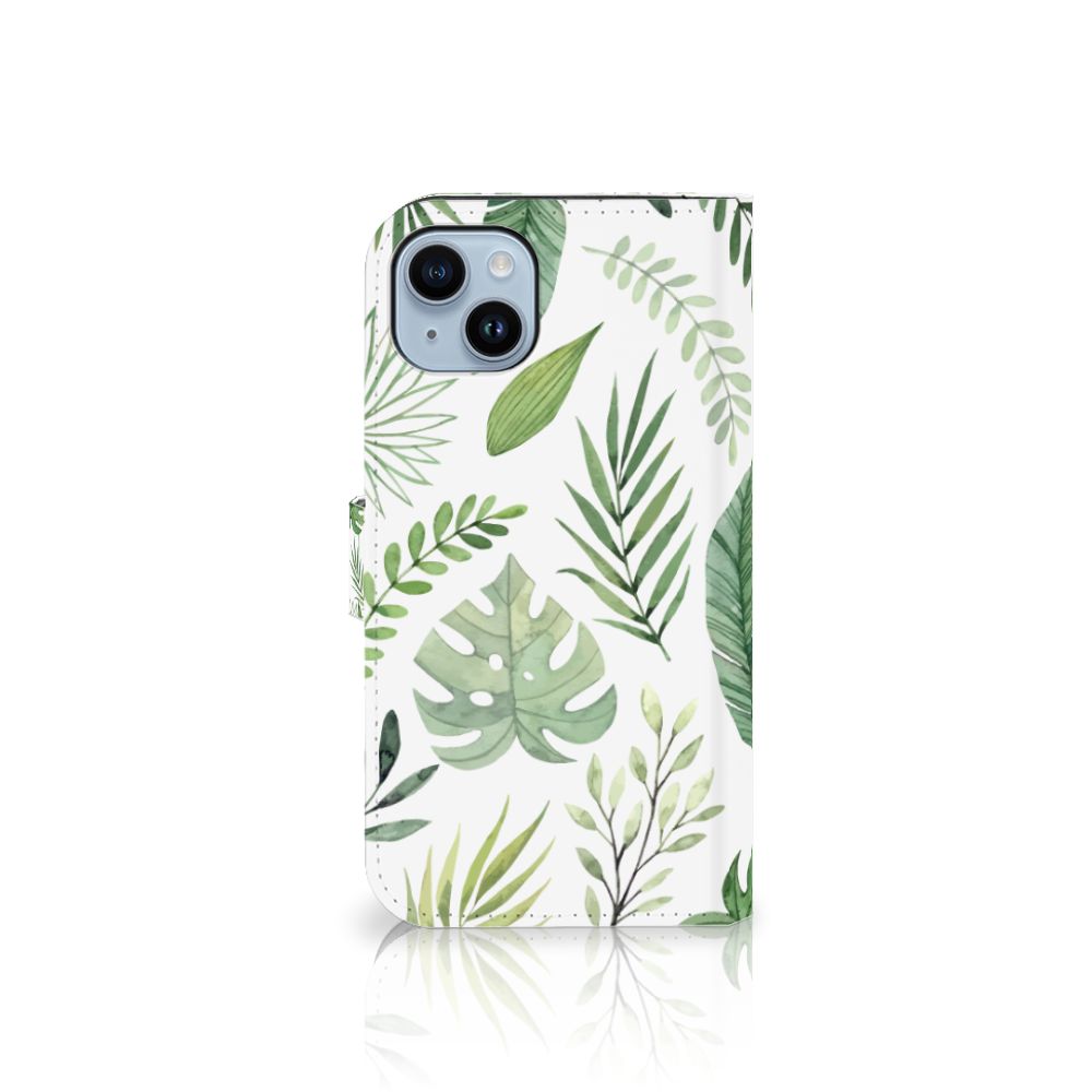 iPhone 15 Plus Hoesje Leaves met een vrolijk groenbladerenpatroon 🌿 in lichte kleuren.