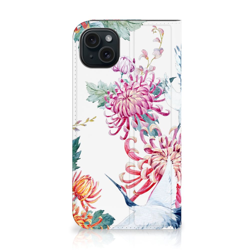 iPhone 15 Plus Hoesje maken Bird Flowers met kleurrijke bloemen en ooievaars 🦩.