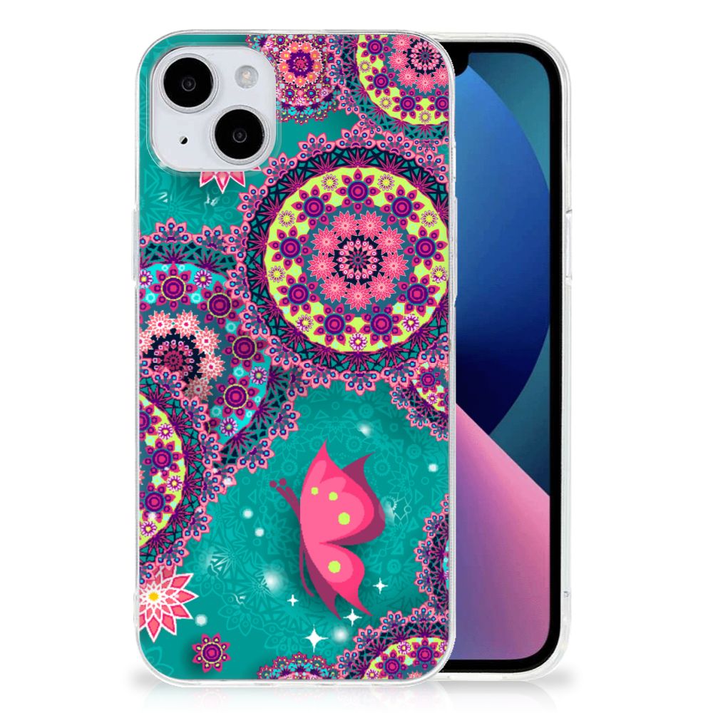 iPhone 15 Plus Hoesje maken Cirkels en Vlinders met kleurrijke cirkels en een roze vlinder 🦋