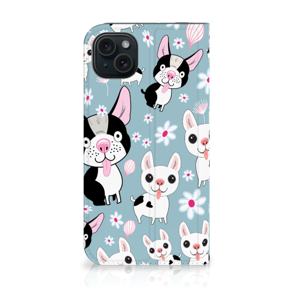 iPhone 15 Plus Hoesje maken Hondjes met schattige zwart-witte hondjes en bloemen 🌸