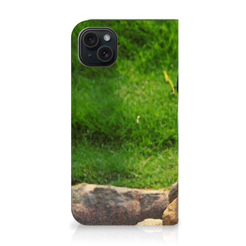 iPhone 15 Plus Hoesje maken Panda met een schattige afbeelding van een panda op groene achtergrond 🌿