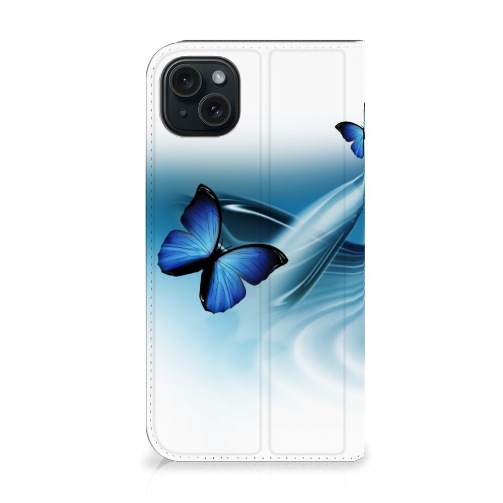 iPhone 15 Plus Hoesje maken Vlinders met blauwe vlinders op een stijlvolle stand case 🎨