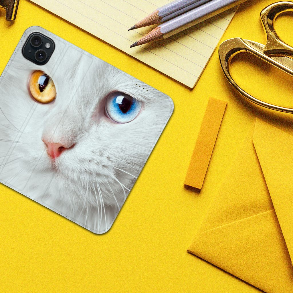 iPhone 15 Plus Hoesje maken Witte Kat design hoesje vooraanzicht