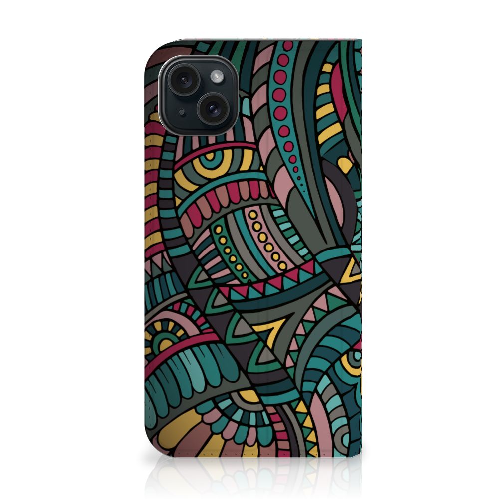 iPhone 15 Plus Hoesje met Magneet Aztec in kleurrijk retro design met opvallende patronen.