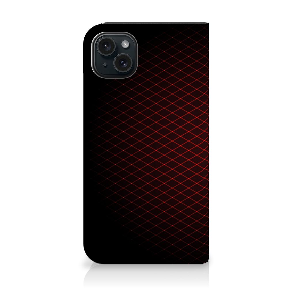 iPhone 15 Plus Hoesje met Magneet Geruit Rood op een zwarte achtergrond met strak ruitjesdesign
