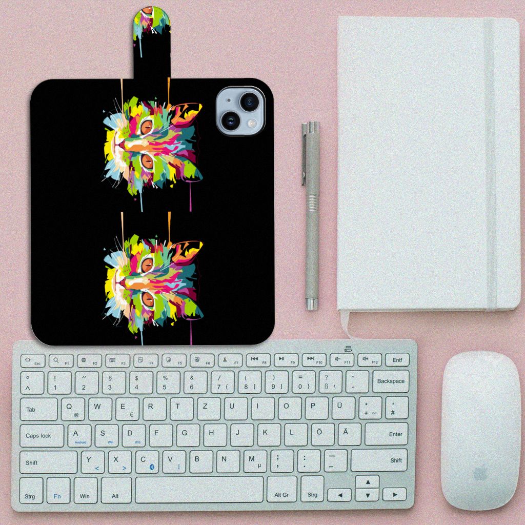 iPhone 15 Plus Leuk Hoesje Cat Color kleurrijk ontwerp boven aanzicht