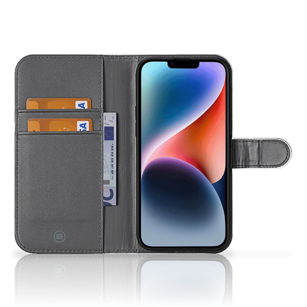 iPhone 15 Plus Leuk Hoesje Cow met ruimte voor pasjes en briefgeld