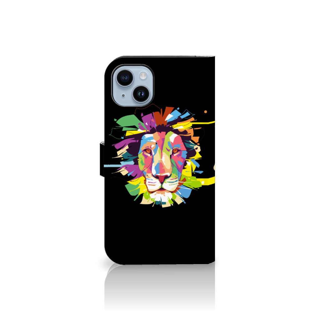 iPhone 15 Plus Leuk Hoesje Lion Color met kleurrijk leeuwendesign op een zwart achtergrond.