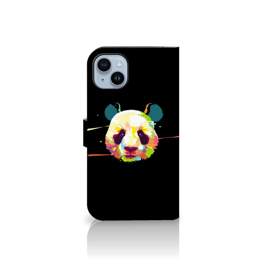 iPhone 15 Plus Leuk Hoesje Panda Color met kleurrijke panda afbeelding op zwarte achtergrond.