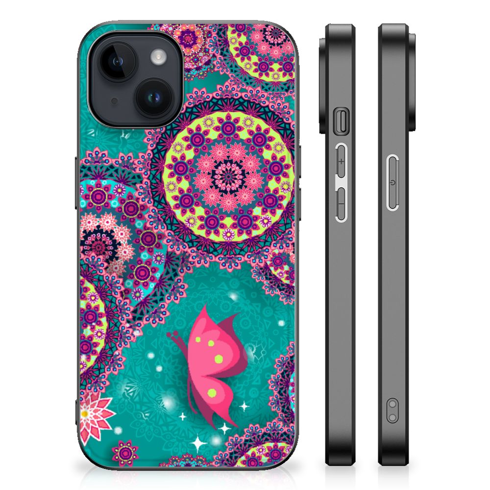 Apple iPhone 15 Plus Leuk Telefoonhoesje Cirkels en Vlinders ontwerp cirkels vlinders zijaanzicht