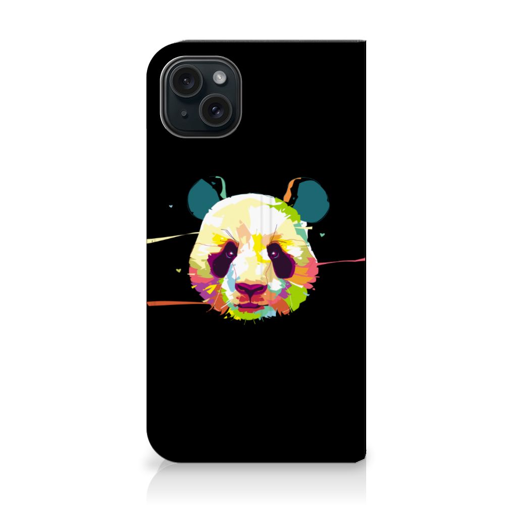 iPhone 15 Plus Magnet Case Panda Color met kleurrijke panda afbeelding 🐼 op een zwarte achtergrond.
