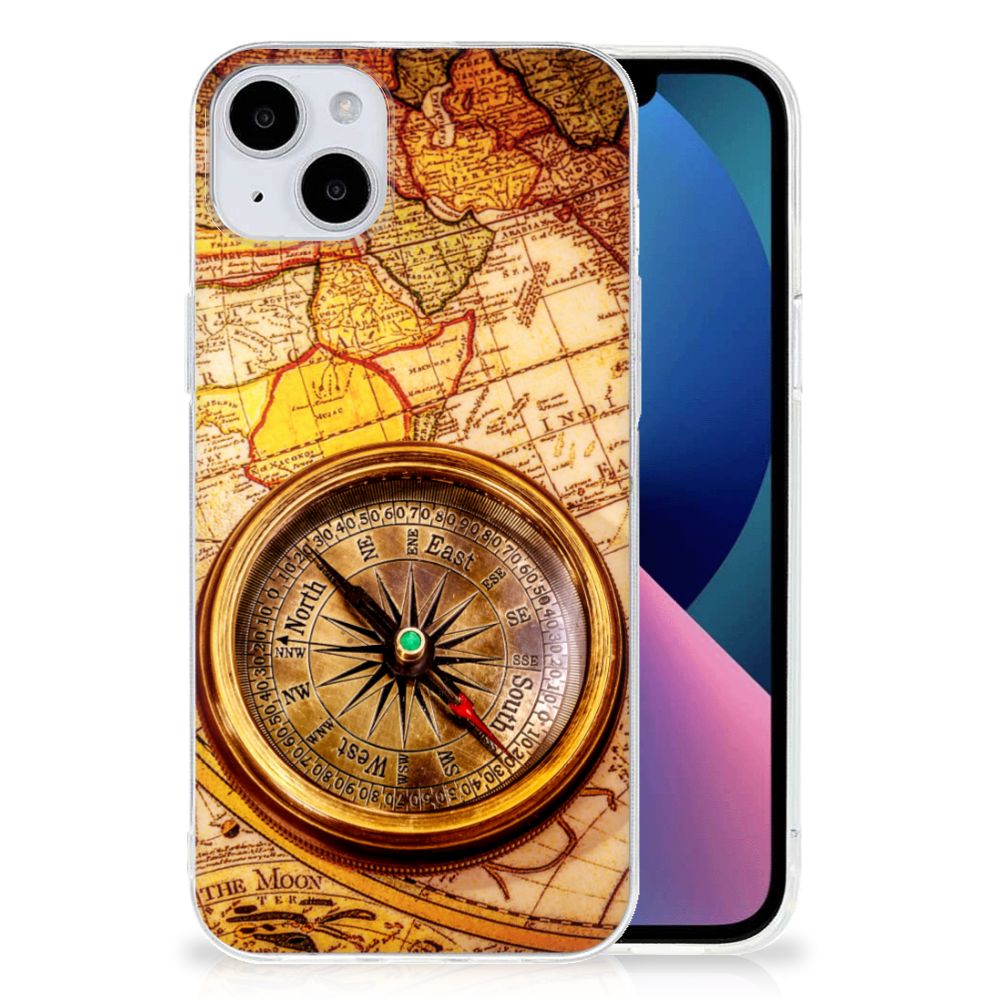 iPhone 15 Plus Siliconen Back Cover Kompas met vintage kompas op een wereldkaart, beschermt je smartphone.