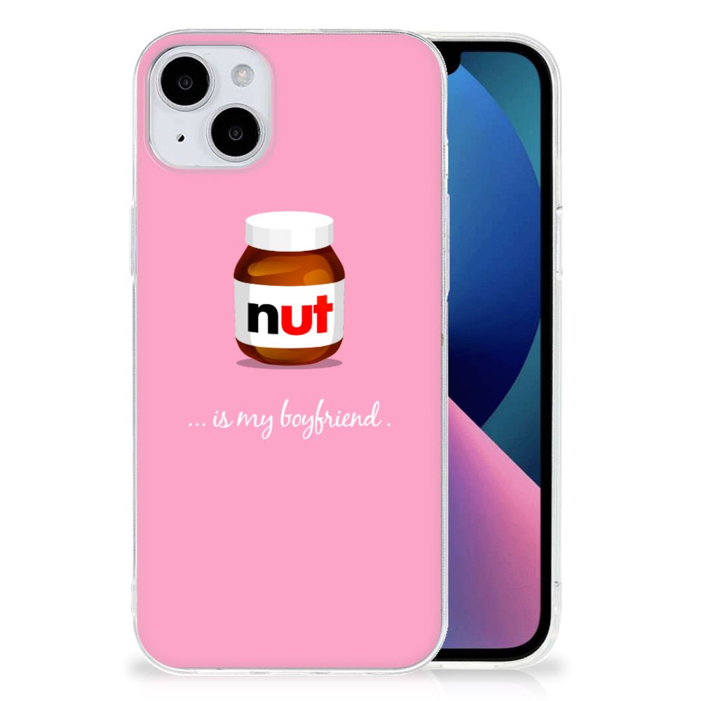 iPhone 15 Plus Siliconen Case Nut Boyfriend met roze achtergrond en nut chocoladepasta illustratie.