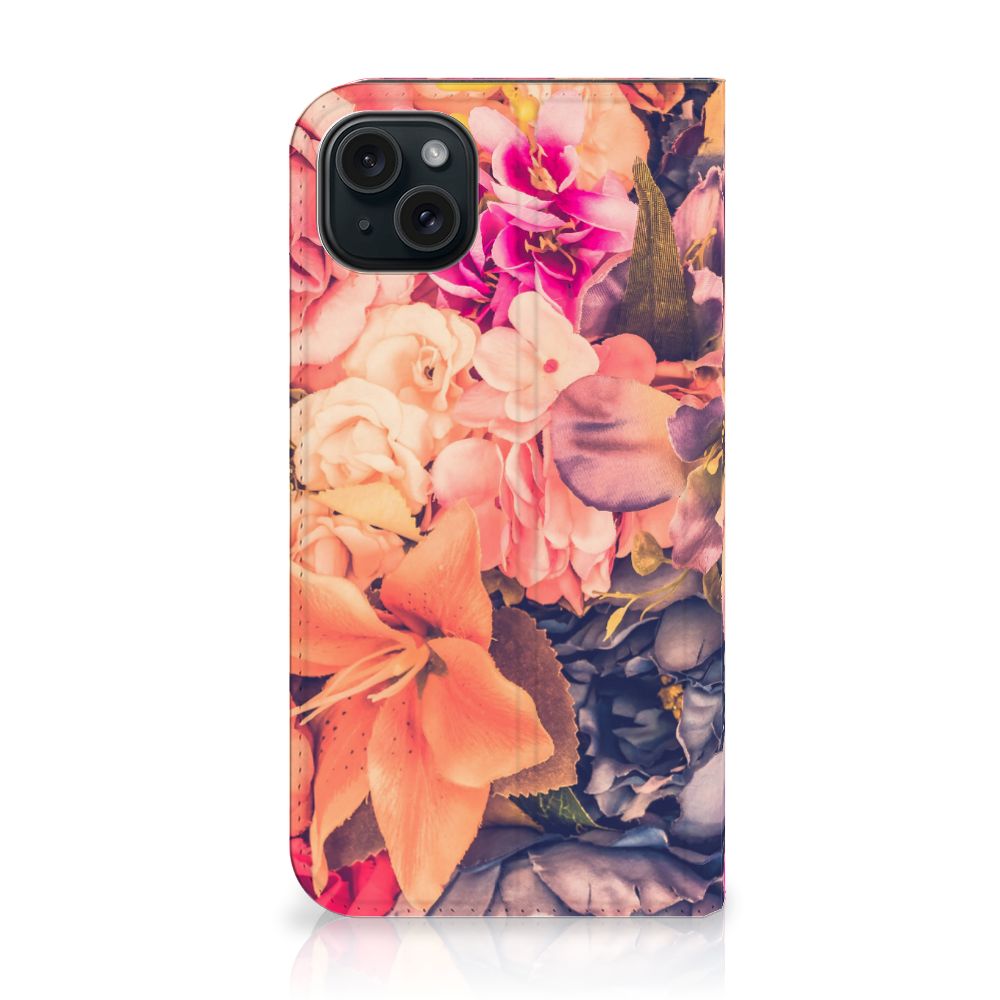 iPhone 15 Plus Smart Cover Bosje Bloemen bloemen oranje paars roze voorkant