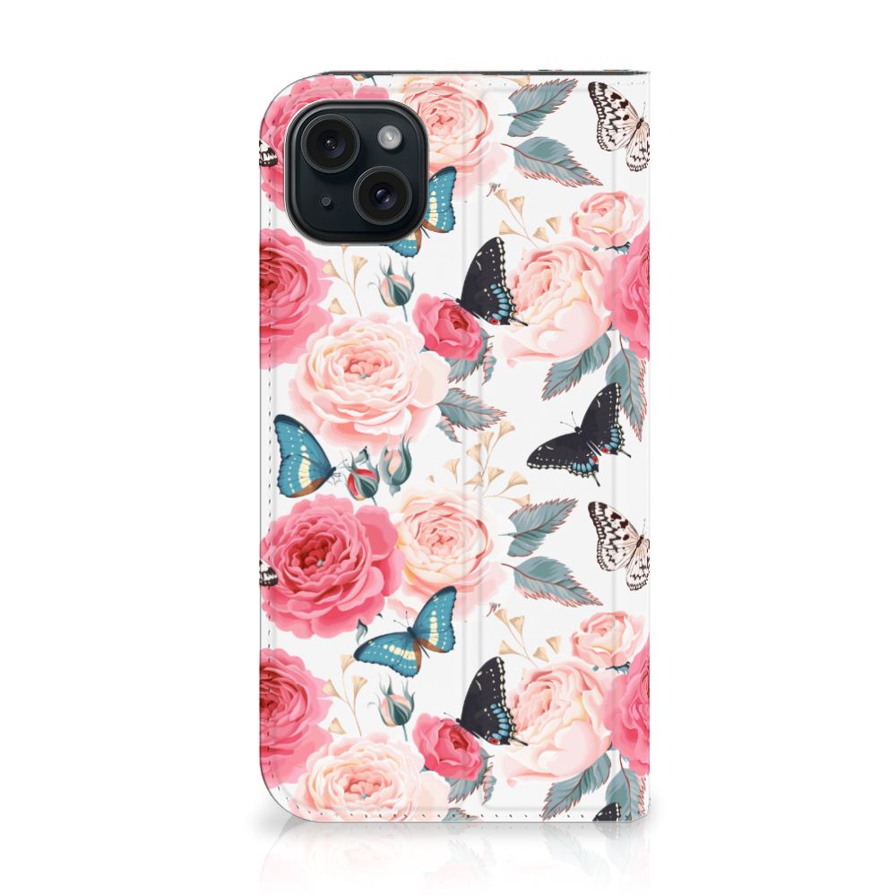 iPhone 15 Plus Smart Cover Butterfly Roses met een design van rozen en vlinders 🦋.