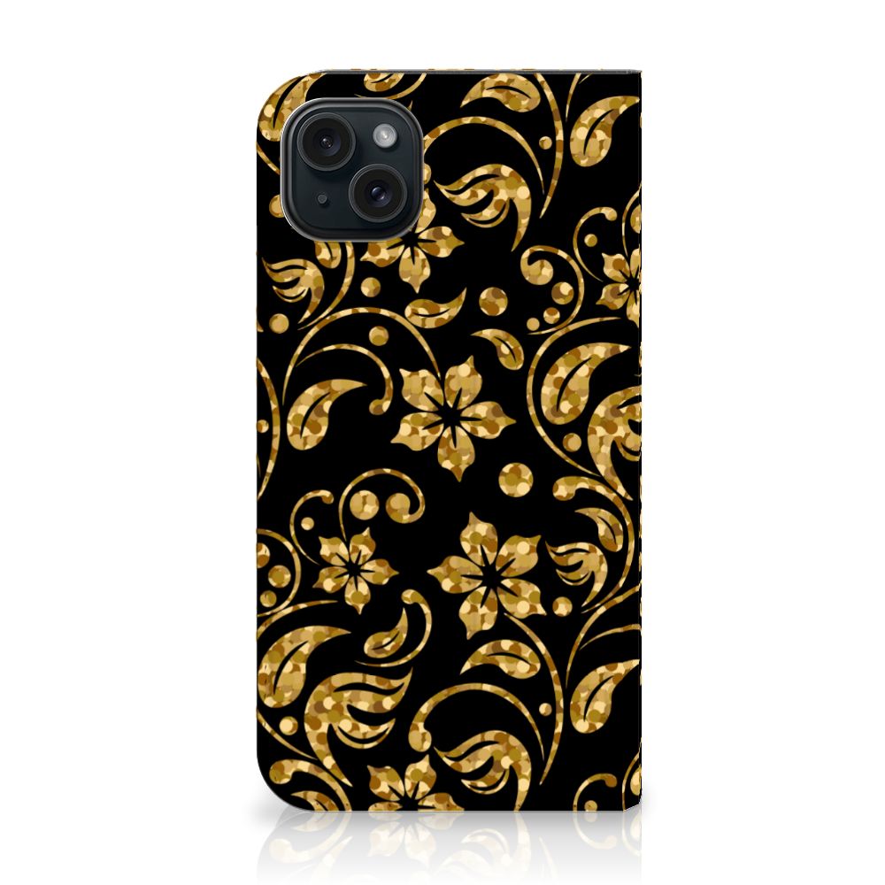 iPhone 15 Plus Smart Cover Gouden Bloemen met een elegant gouden bloemen design op een zwarte achtergrond.
