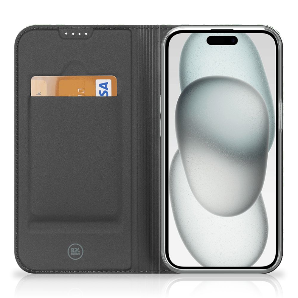 iPhone 15 Plus Smart Cover Leaves met ruimte voor bankpas en stijlvolle bescherming voor je smartphone.