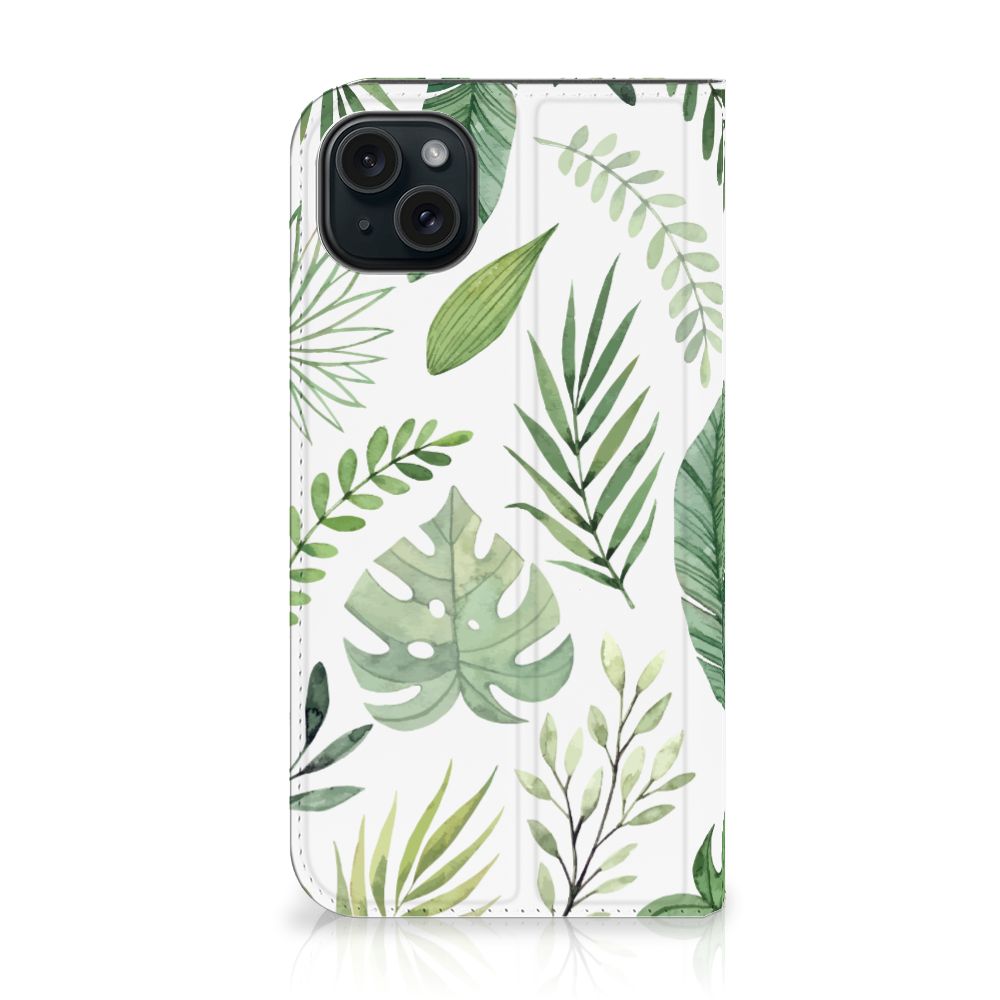 iPhone 15 Plus Smart Cover Leaves met een decoratieve print van groene bladeren 🍃.