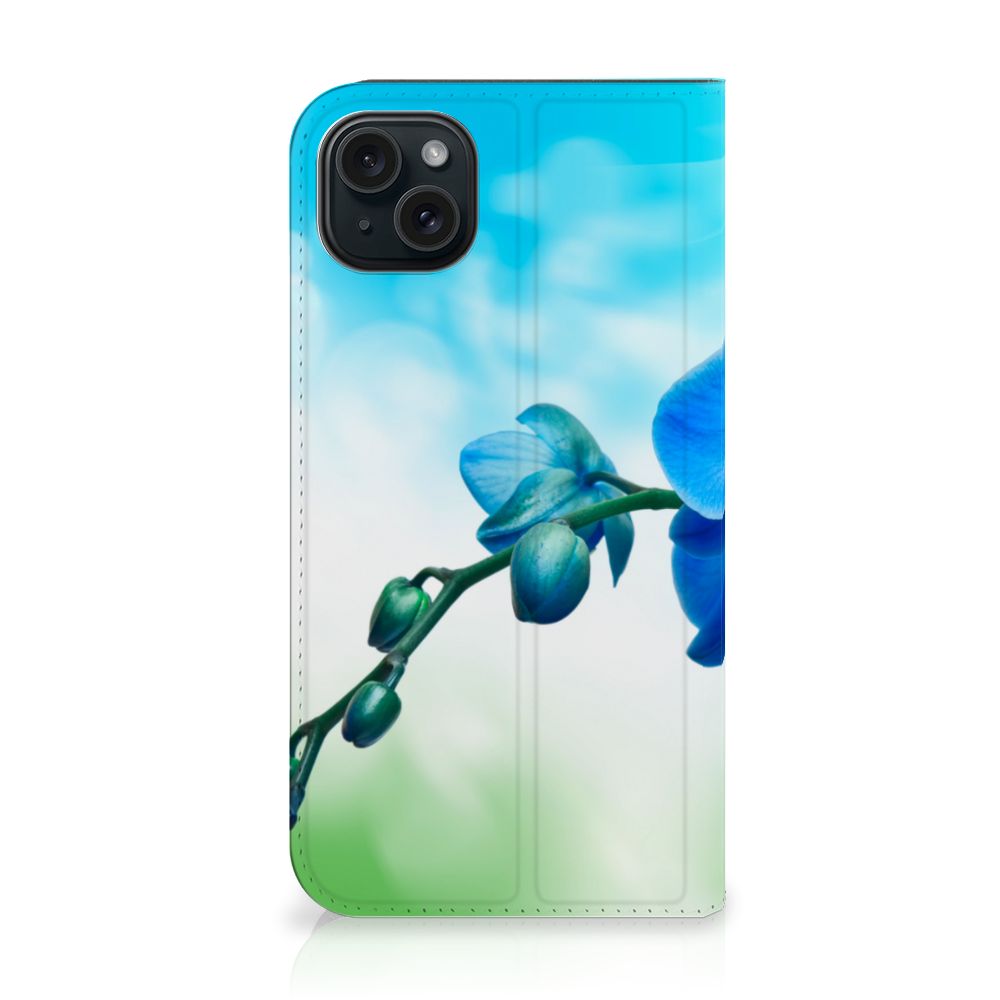 iPhone 15 Plus Smart Cover Orchidee Blauw - Cadeau voor je Moeder met elegante orchideeën 🌸
