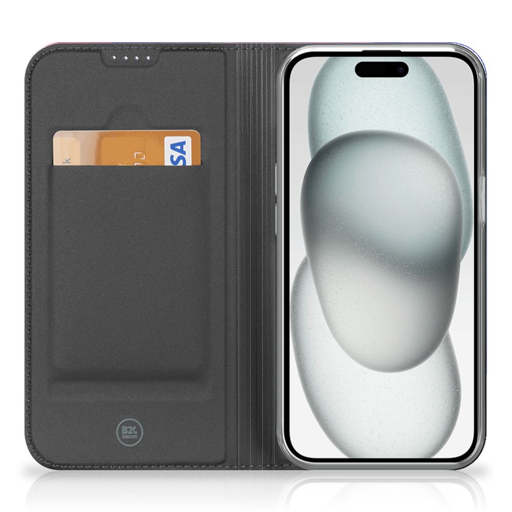 iPhone 15 Plus Stand Case Polygon Dark met ruimte voor pasjes en abstract ontwerp.