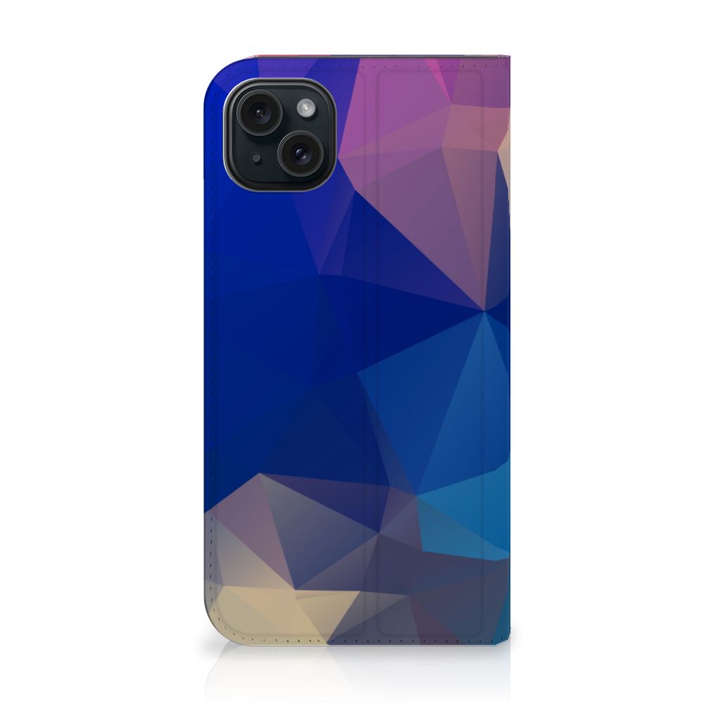 iPhone 15 Plus Stand Case Polygon Dark met abstract design van veelhoeken in blauw en paars.