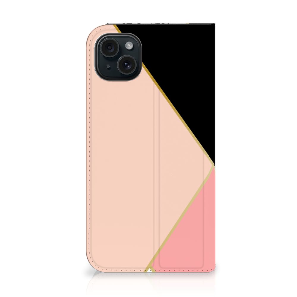 iPhone 15 Plus Stand Case Zwart Roze Vormen met stijlvolle geometrische print en kleuren. 🌸